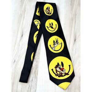 VTG 1996 LOONEY TUNES MANIA Black/Yellow Cartoon Smiley Face NECK TIE Korea